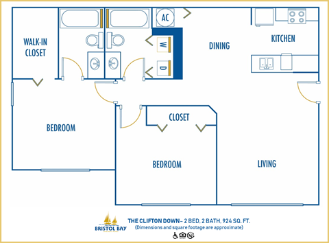 Floor plan for 2 beds, 2 baths, 926 sqft